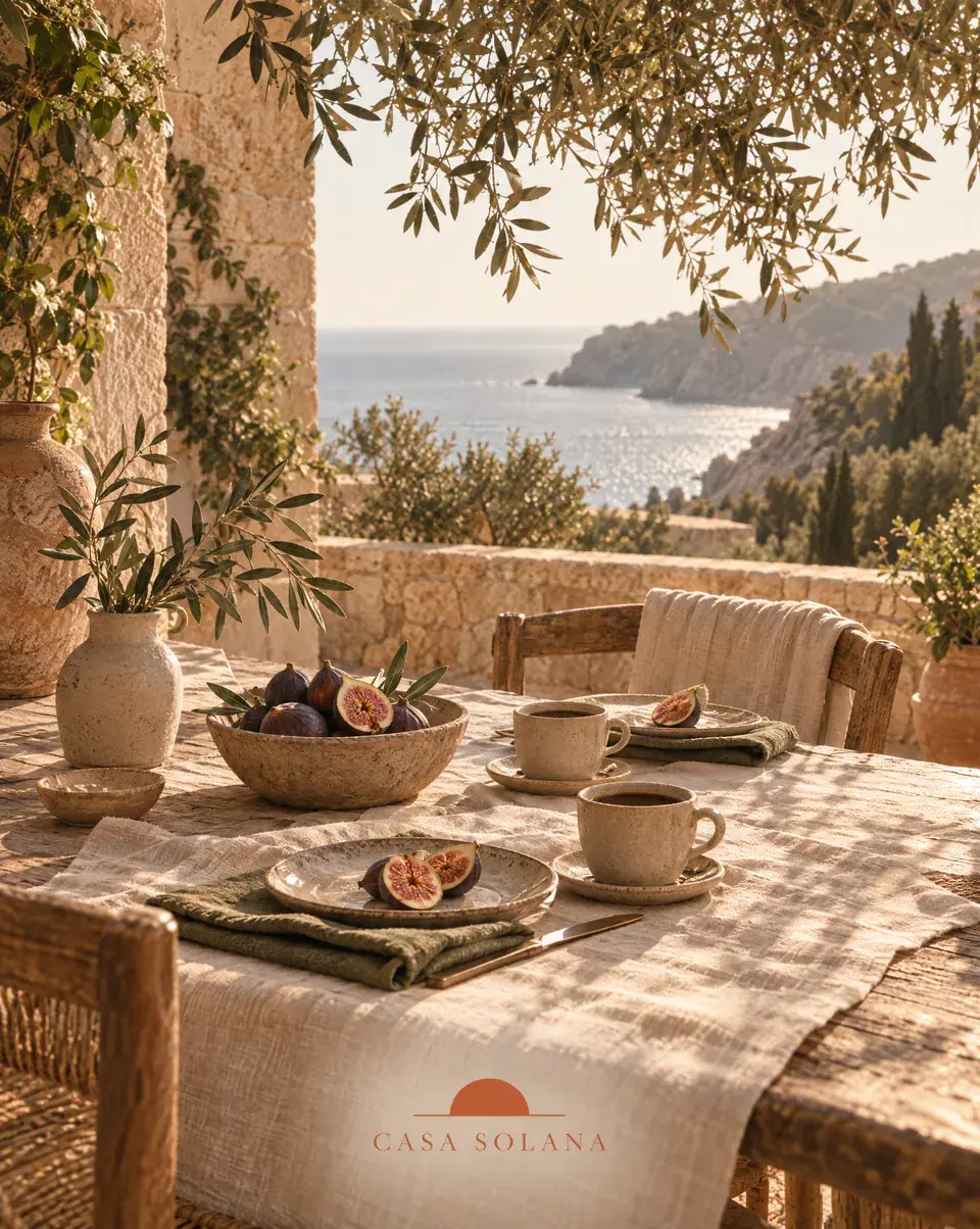 Breakfast with figs and coffee on a sunlit terrace above the sea, with the Casa Solana logo at the bottom