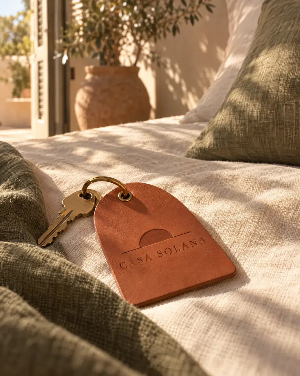 A brass room key on a terracotta leather tag stamped with the Casa Solana logo, on a linen bed