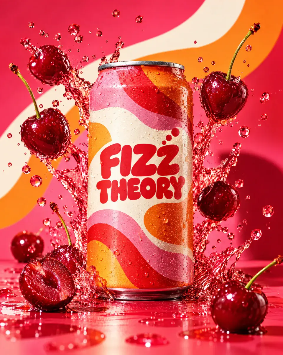 A Fizz Theory cherry soda can with flying cherries and splashes on a hot pink set