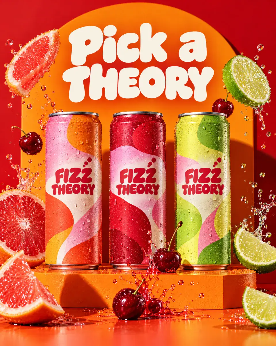 Three Fizz Theory cans in grapefruit, cherry and lime on an orange set under the headline Pick a theory