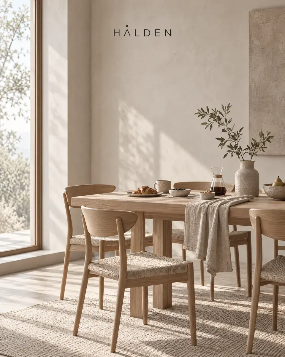 An oak dining table set for breakfast by a tall window, with the Halden logo at the top