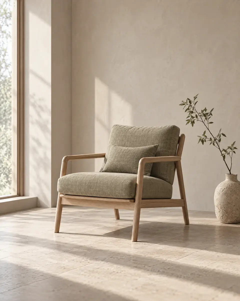 An oak lounge chair with sage linen cushions in a sunlit plaster room