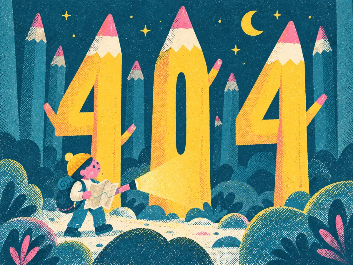 Risograph illustration of an explorer with a map and torch in a night forest of giant pencils shaped like 404
