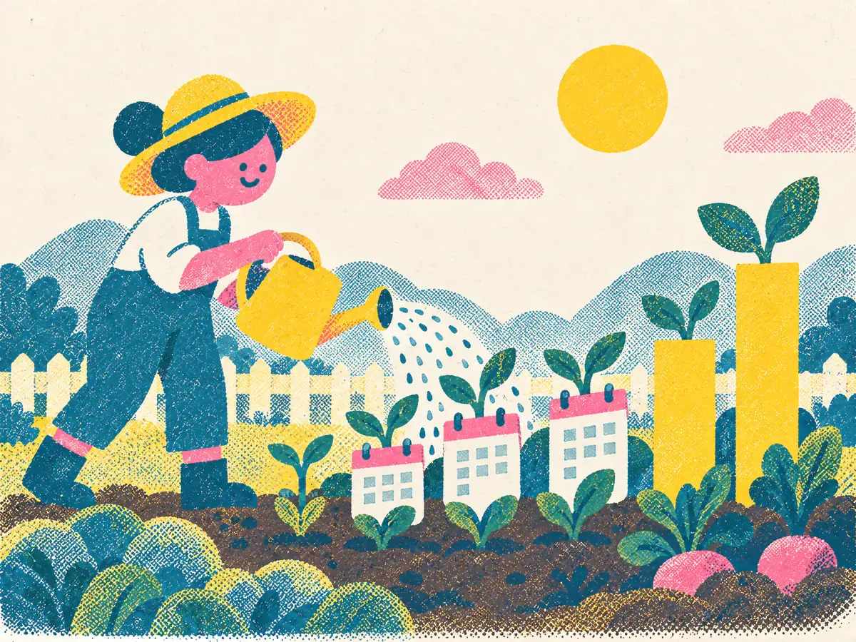Risograph illustration of a gardener watering seedlings that grow as calendar pages and bar charts