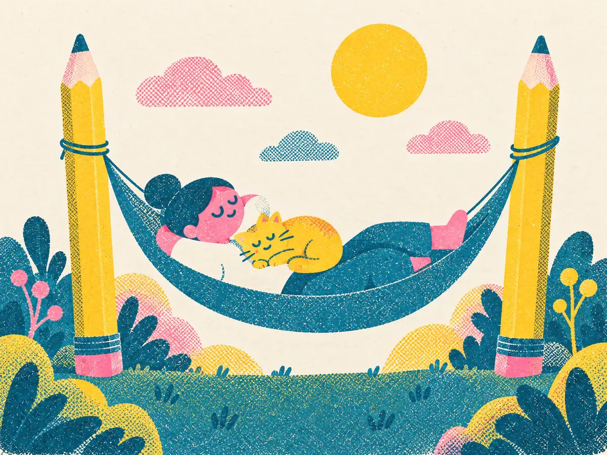 Risograph illustration of a person napping in a hammock strung between two giant pencils, a cat asleep on their chest