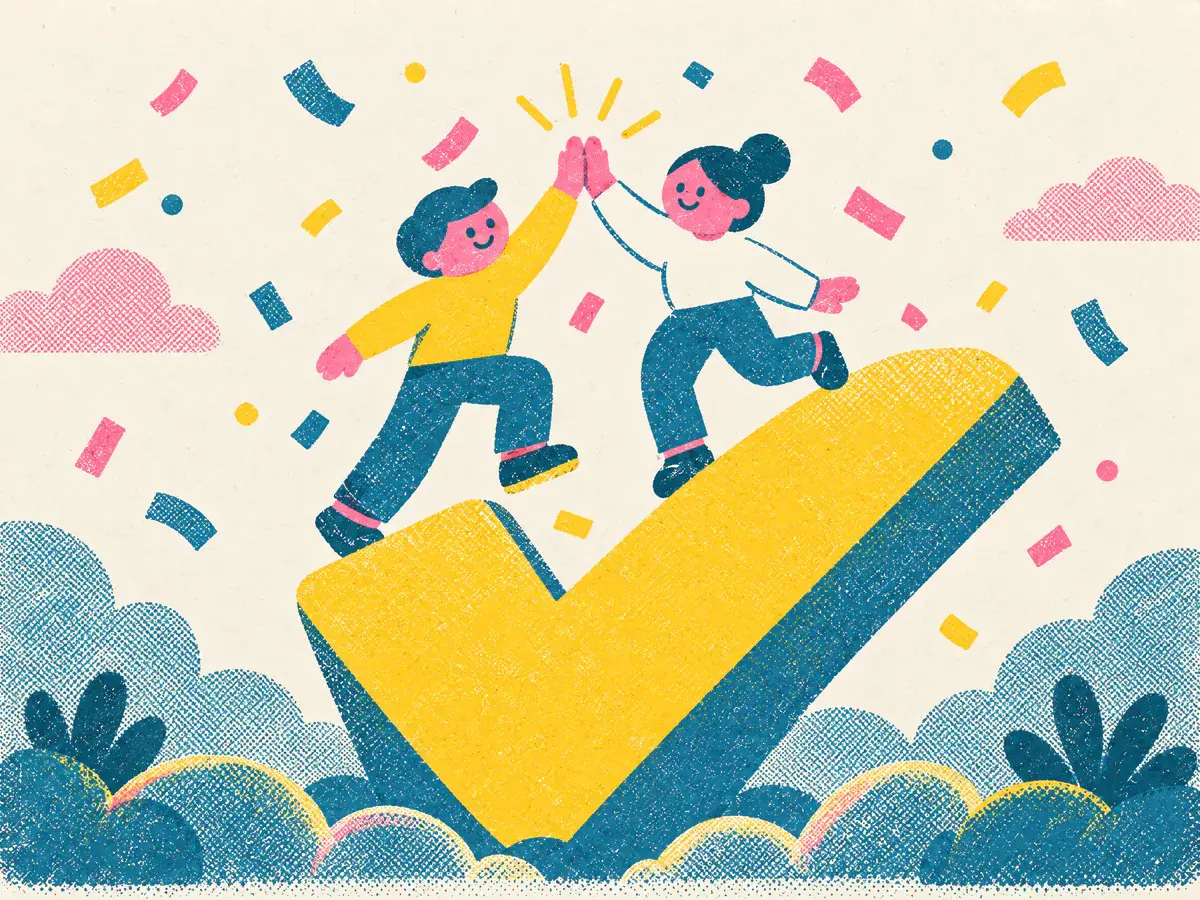 Risograph illustration of two teammates high-fiving on top of a giant yellow tick, with confetti