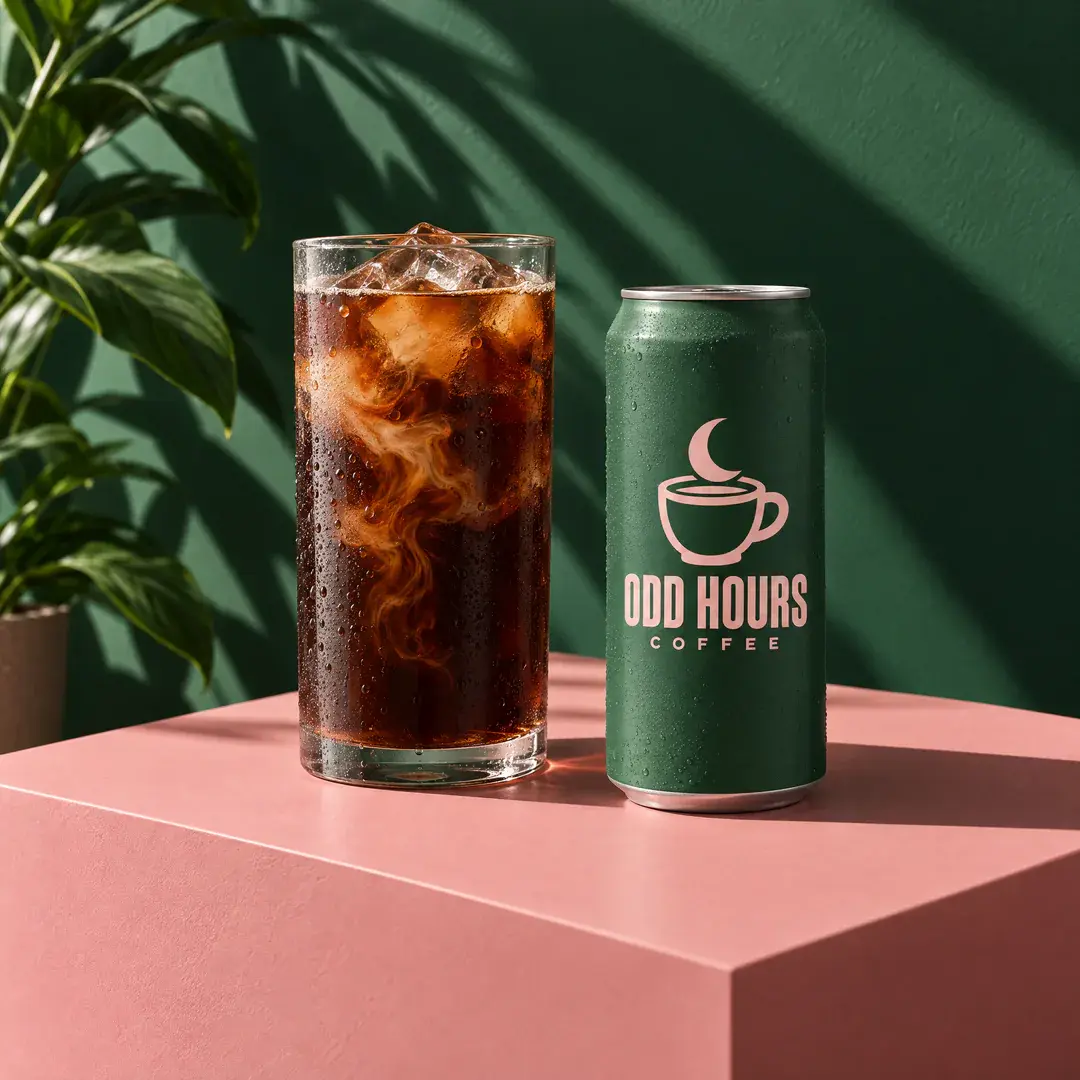 An iced cold brew next to a green Odd Hours Coffee can on a pink plinth in hard sunlight