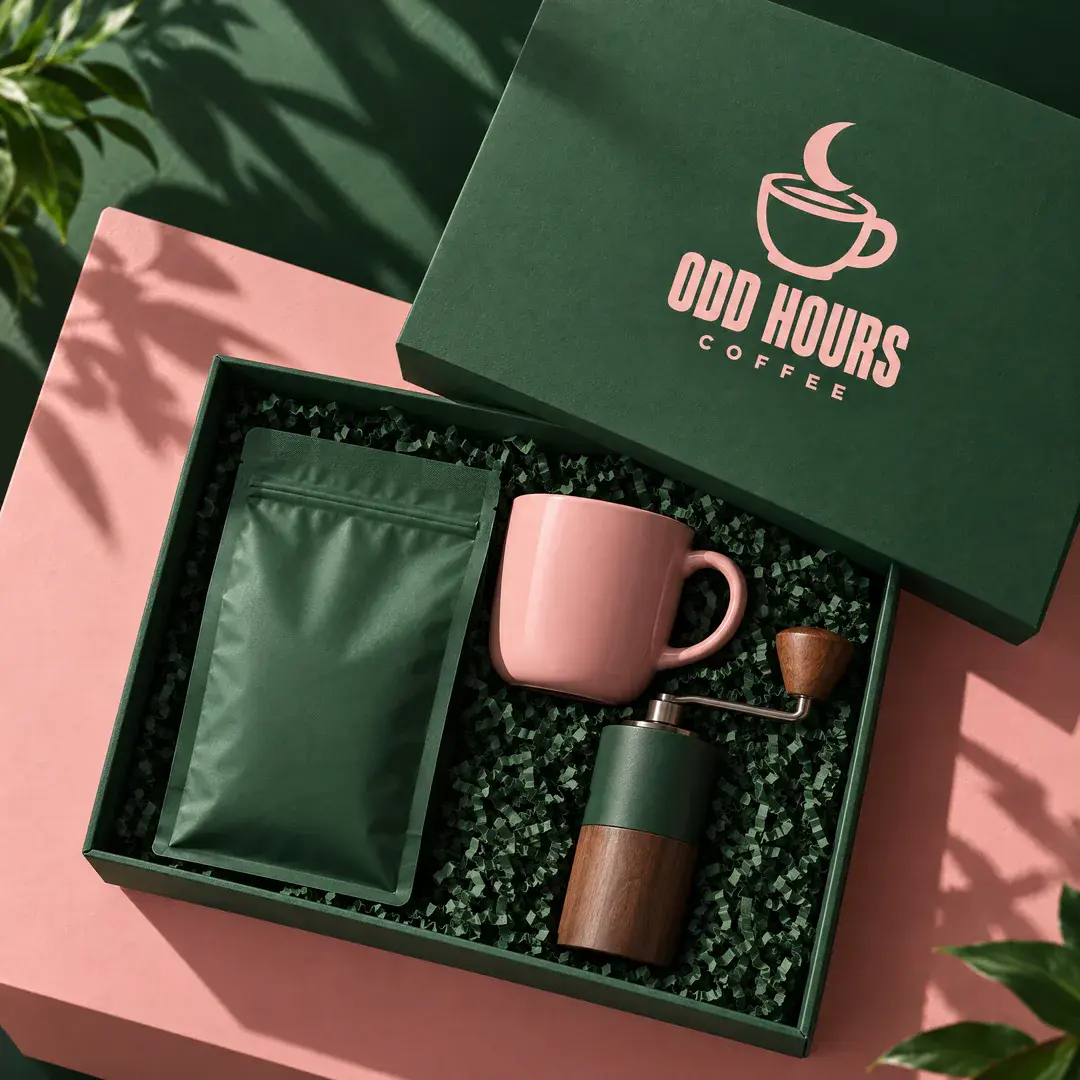 A green gift box with the Odd Hours Coffee logo on the lid, holding a bag of coffee, a pink mug and a grinder