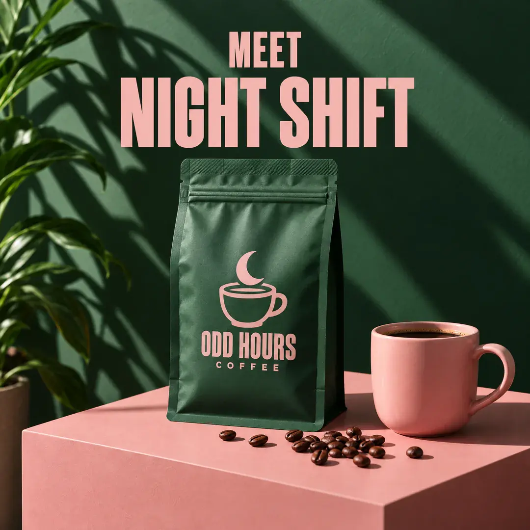 A green Odd Hours Coffee bag and a pink mug on a pink plinth against a green wall, under the headline Meet Night Shift