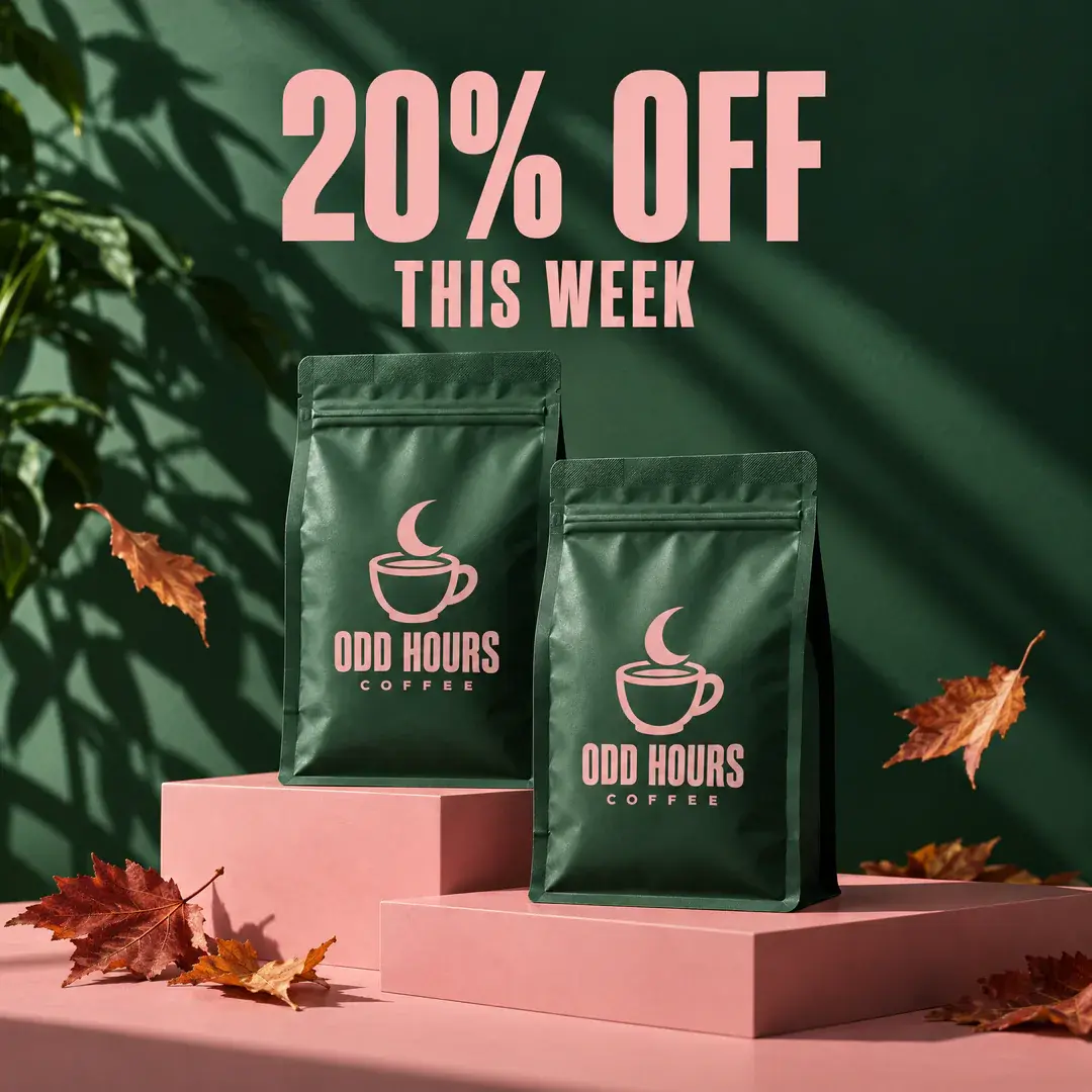 Two Odd Hours Coffee bags on pink blocks with autumn leaves, under the headline 20% off this week