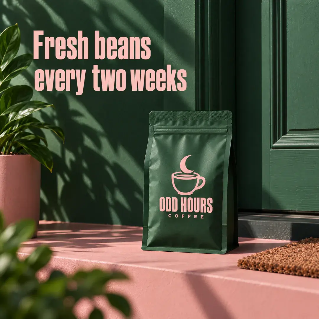 An Odd Hours Coffee bag on a pink doorstep by a green door, under the headline Fresh beans every two weeks