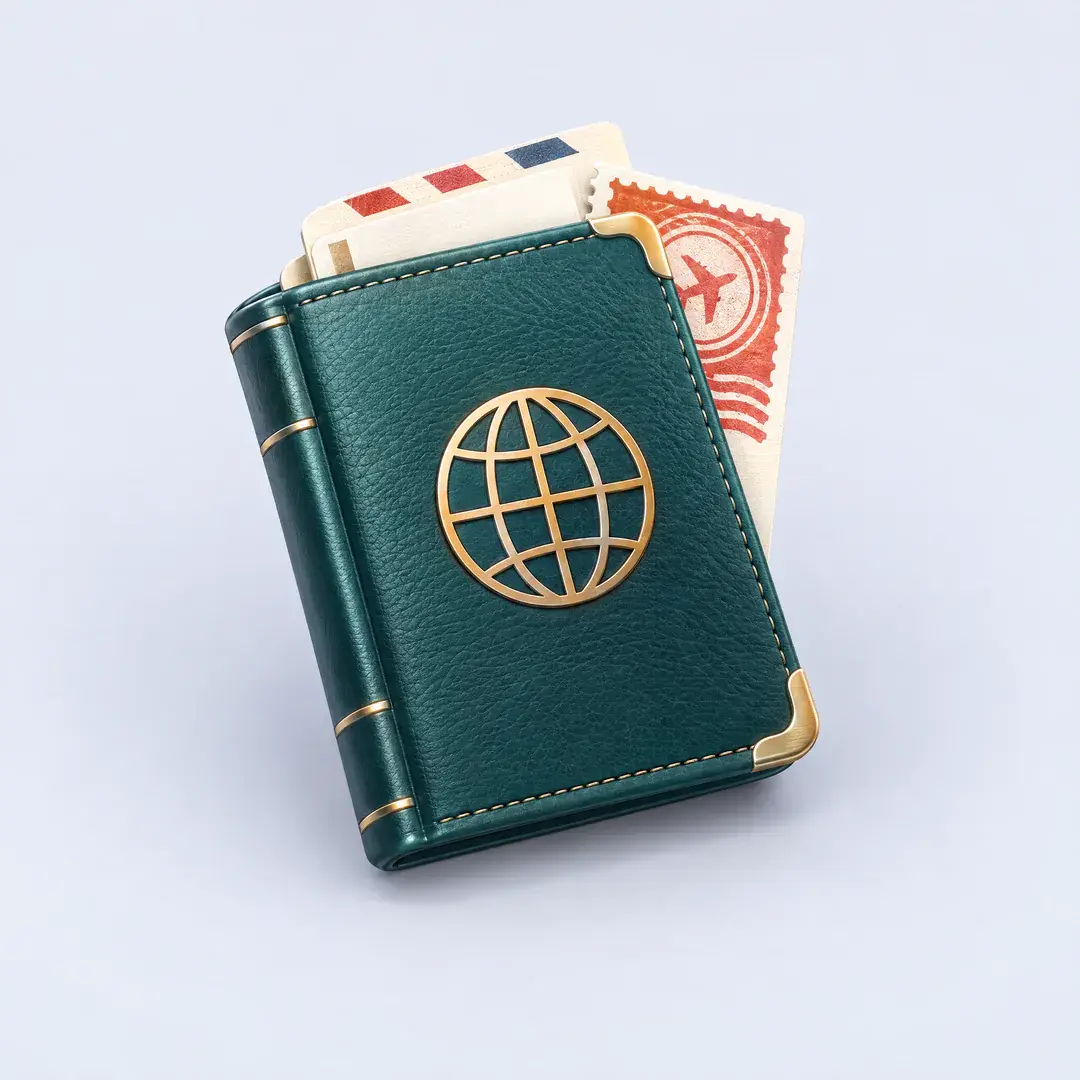 Icon of a teal leather passport with a brass globe, airmail letters and a red stamp tucked behind
