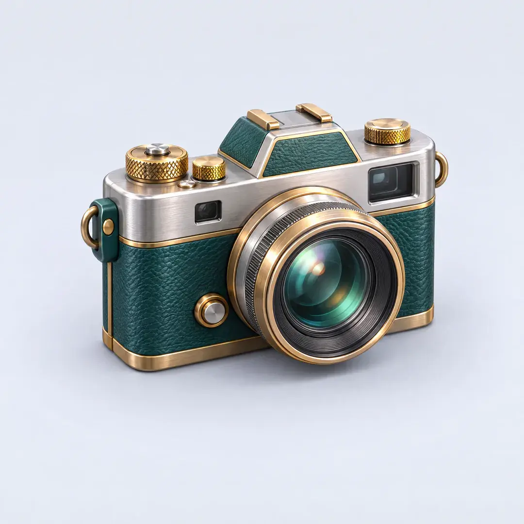 Icon of a teal leather and brass film camera