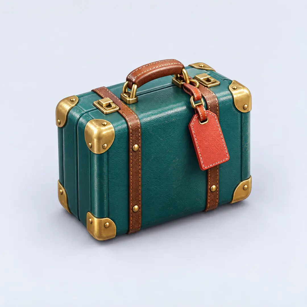 Icon of a vintage teal suitcase with brass corners, leather straps and a red luggage tag