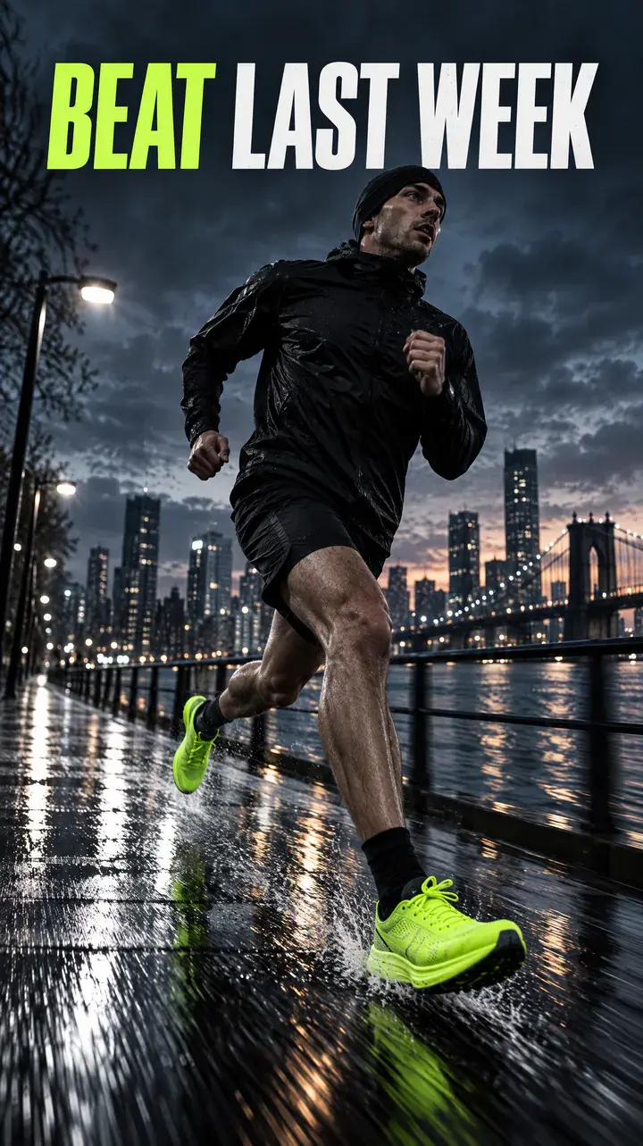 A runner on a wet riverside path at dawn under the headline Beat last week
