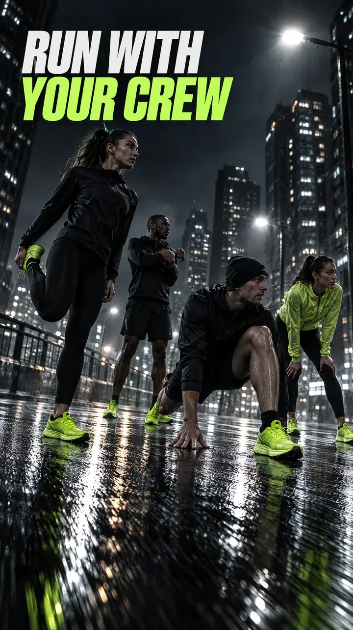 Runners stretching on a wet street at night under the headline Run with your crew