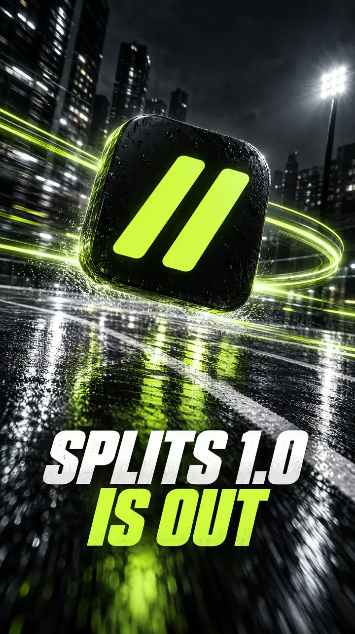 The Splits app icon floating over a wet track with volt green light trails, above the headline Splits 1.0 is out