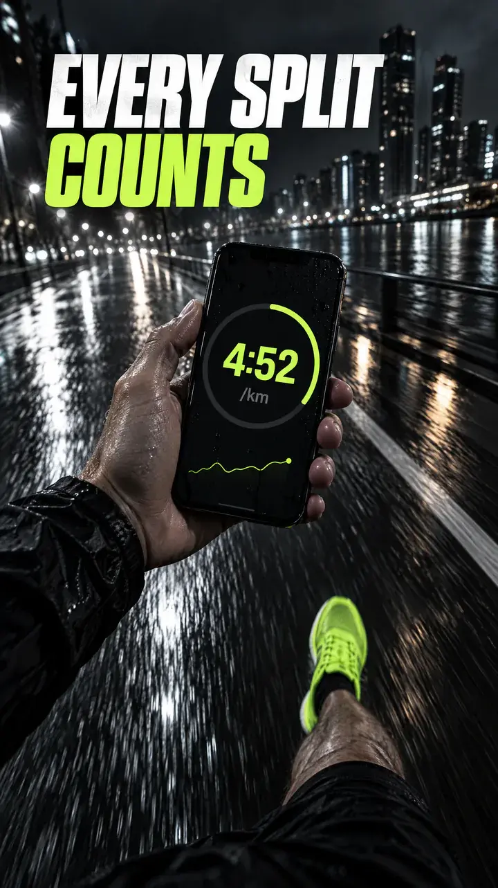 A runner's hand holding a phone showing a pace of 4:52 per kilometre, under the headline Every split counts