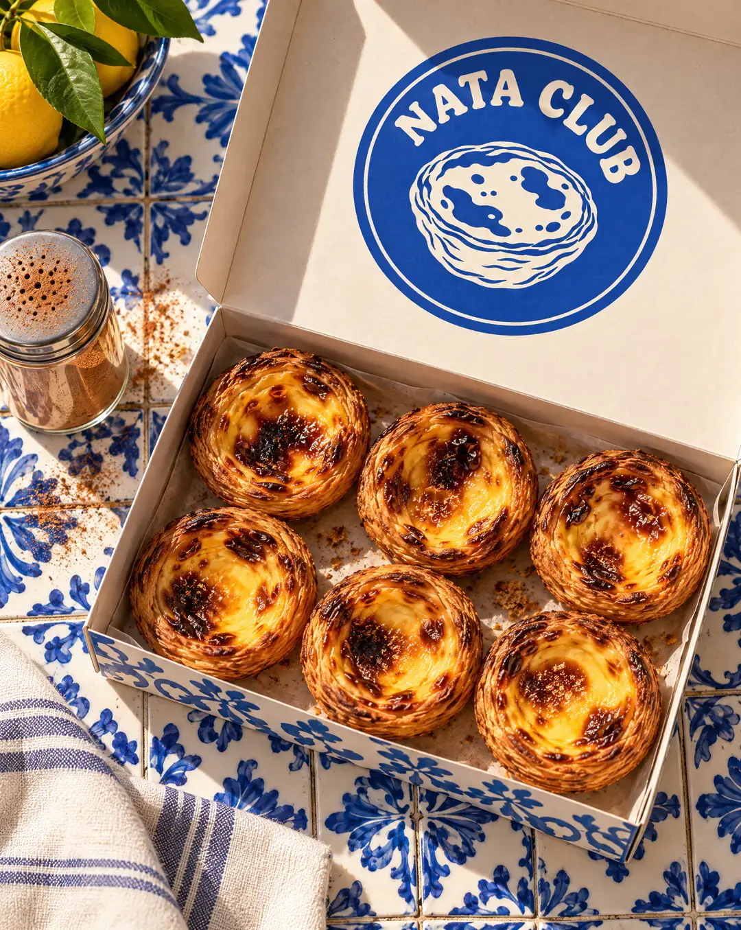 An open box of six custard tarts with the Nata Club logo printed inside the lid