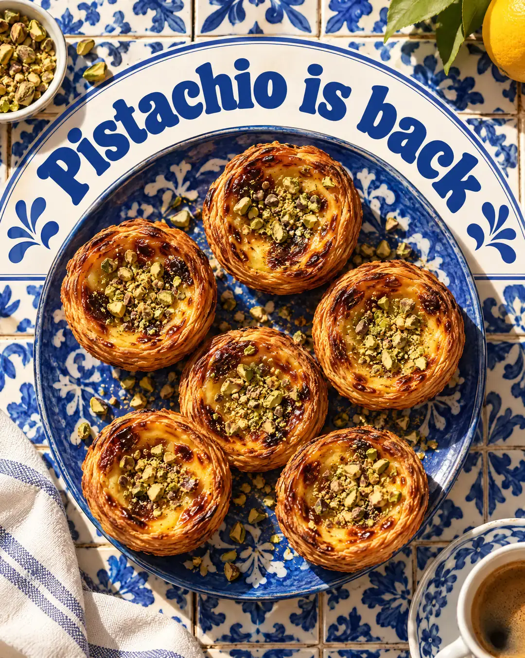 Pistachio custard tarts on a blue patterned plate under the arched headline Pistachio is back