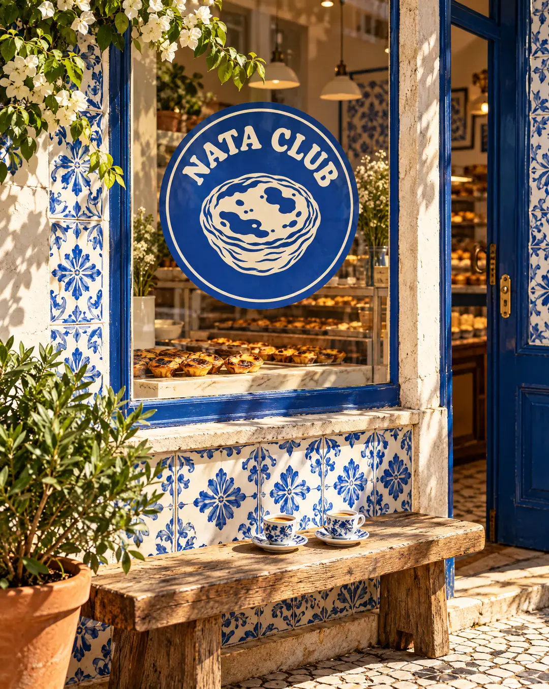 A blue tiled bakery front with the Nata Club logo painted on the window and two coffees on a bench